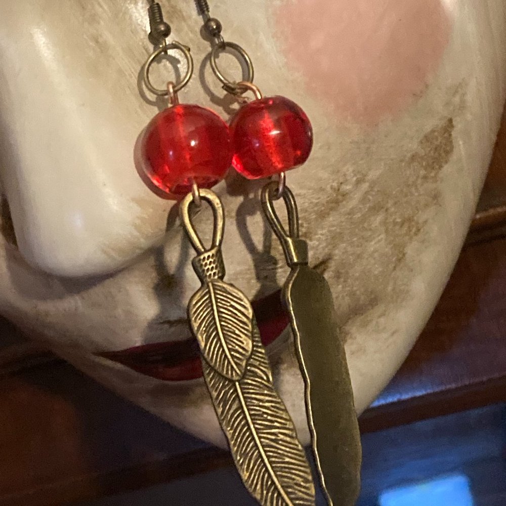 Witch B*tch Bronze Feather and Glass Earrings